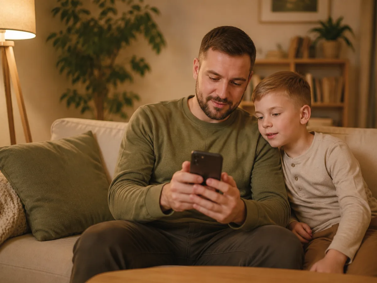 Parent setting the family rules on a phone while their child watches