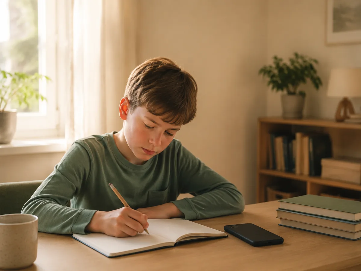 Child doing homework with the phone put face-down on the desk