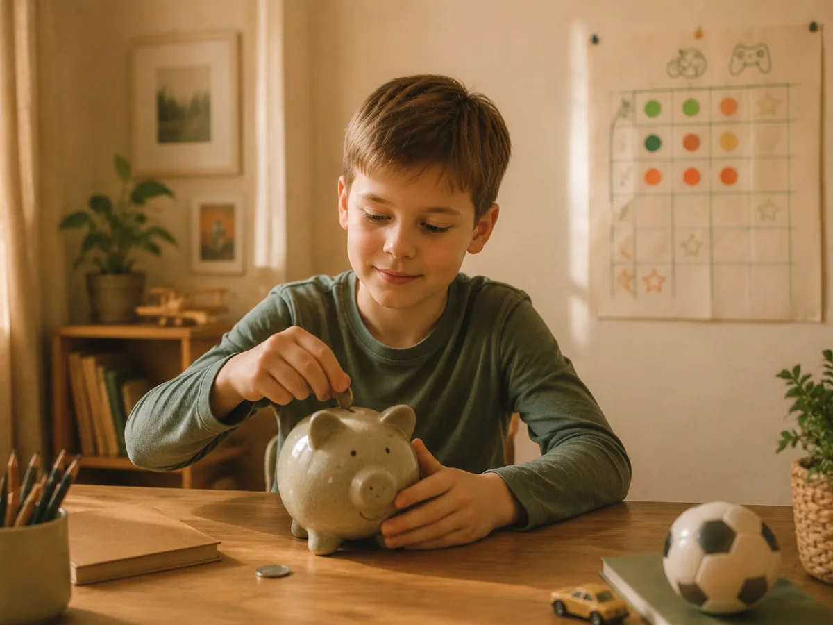 Child putting a coin into a piggy bank, saving toward a chosen goal